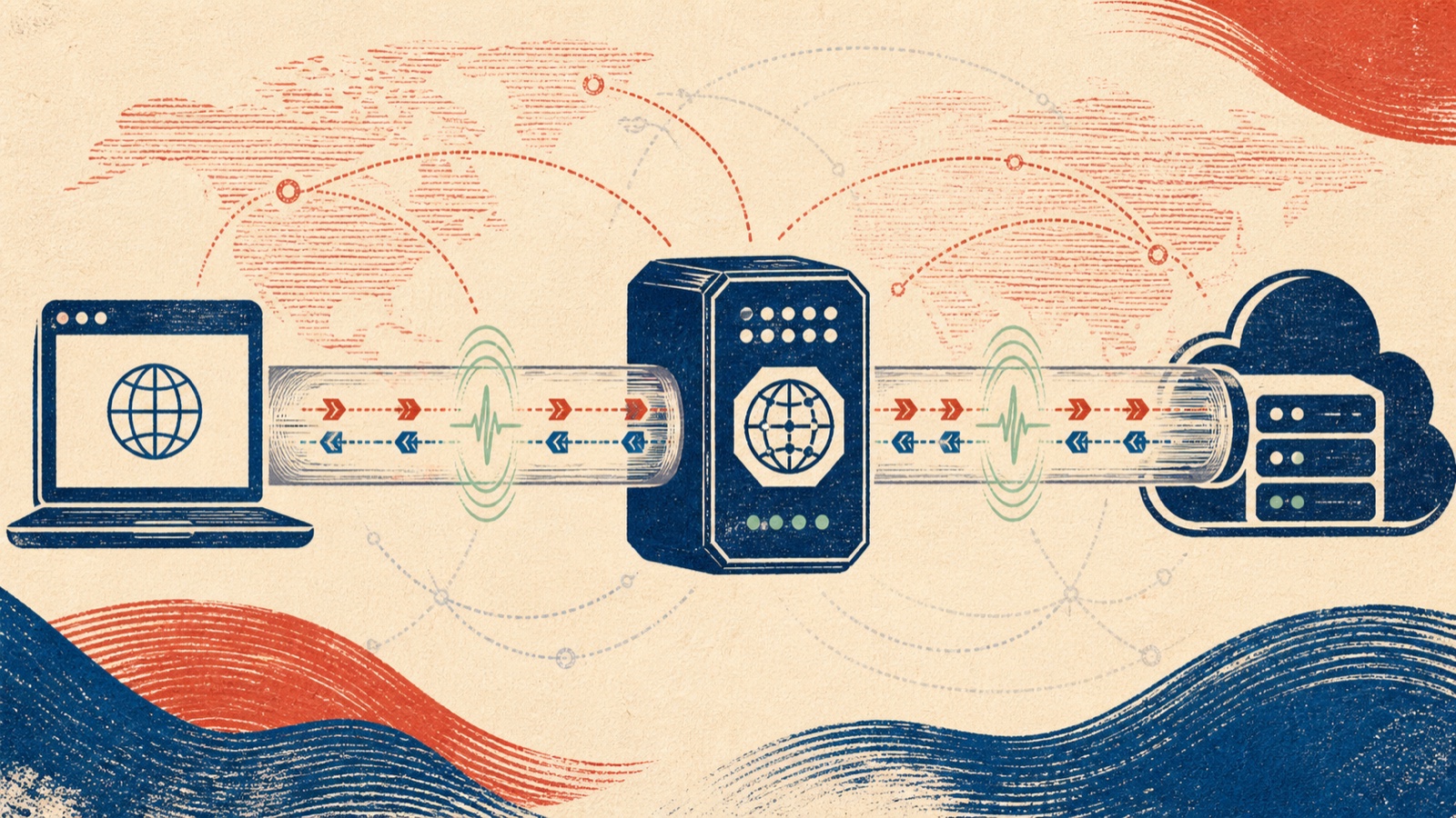 浏览器流量经过代理中继连接互联网服务，并交换双向 WebSocket 心跳信号