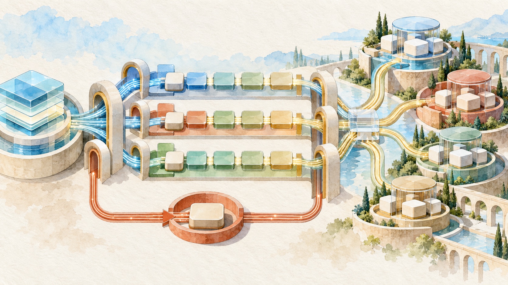 抽象水彩互联网建筑中，空白浏览器模块通过地区代理灰度线路，并配有独立回滚回路